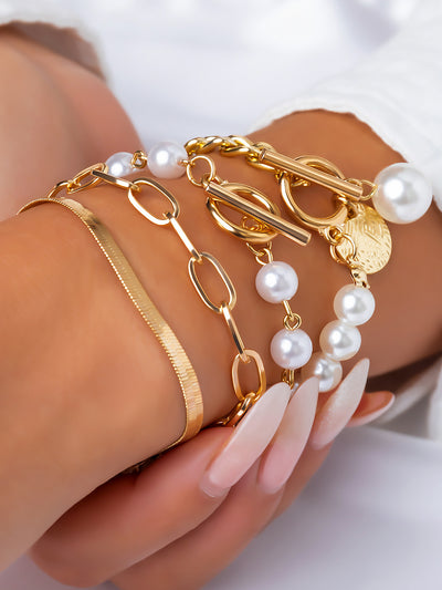 3 or 4 Pieces Bold Chain Alloy Faux Pearl Bracelet Set