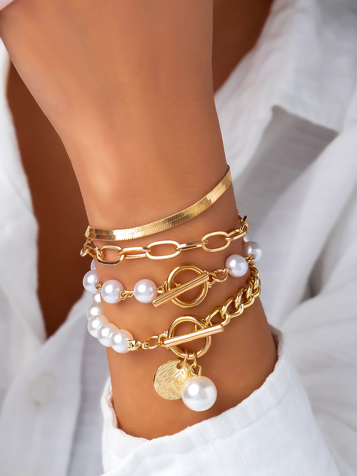 Allegra K 3 or 4 Pieces Bold Chain Alloy Faux Pearl Bracelet Set