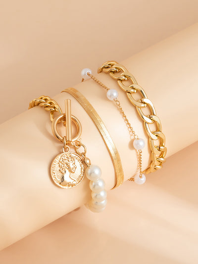 3 or 4 Pieces Bold Chain Alloy Faux Pearl Bracelet Set