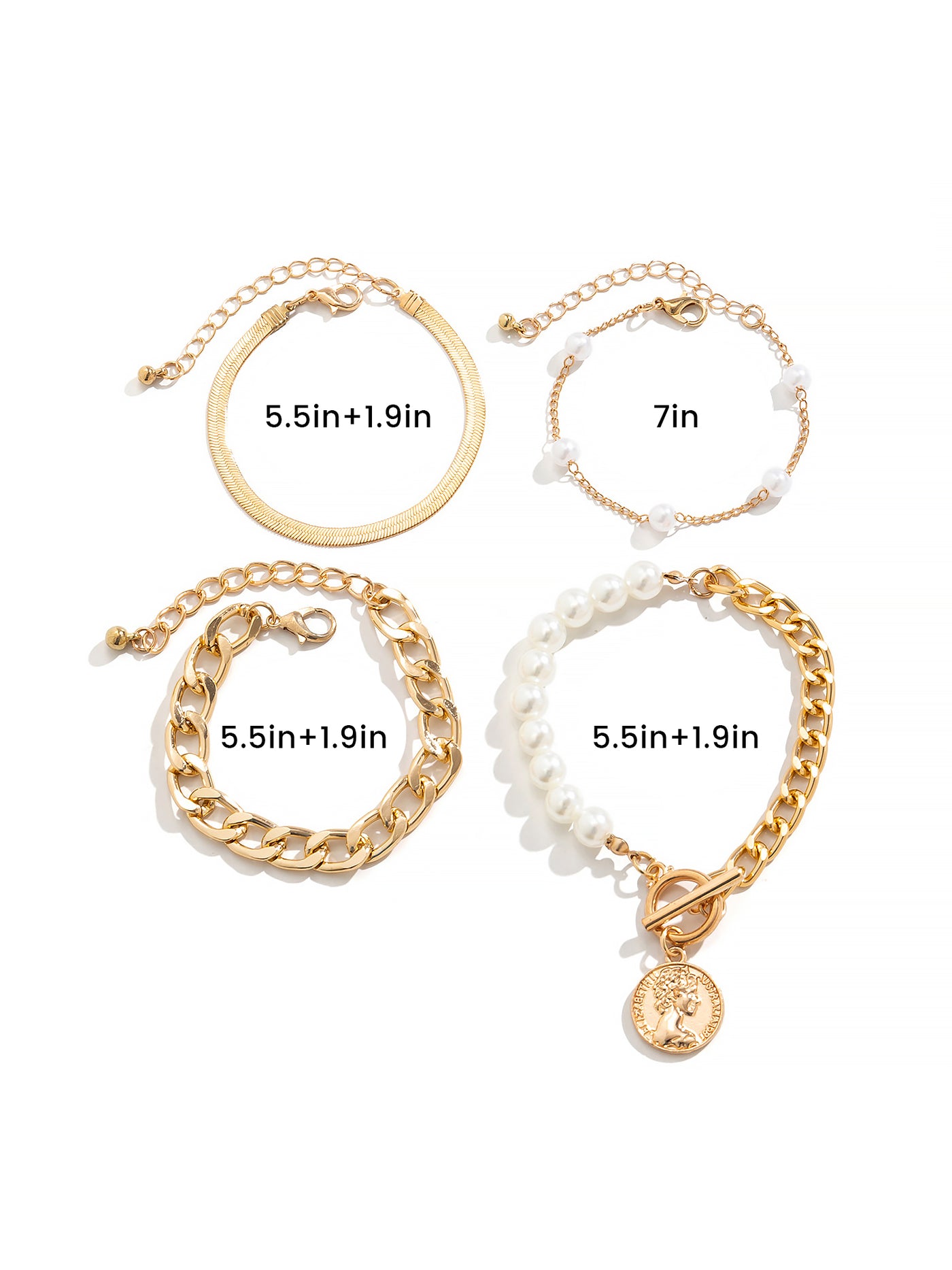 Allegra K 3 or 4 Pieces Bold Chain Alloy Faux Pearl Bracelet Set