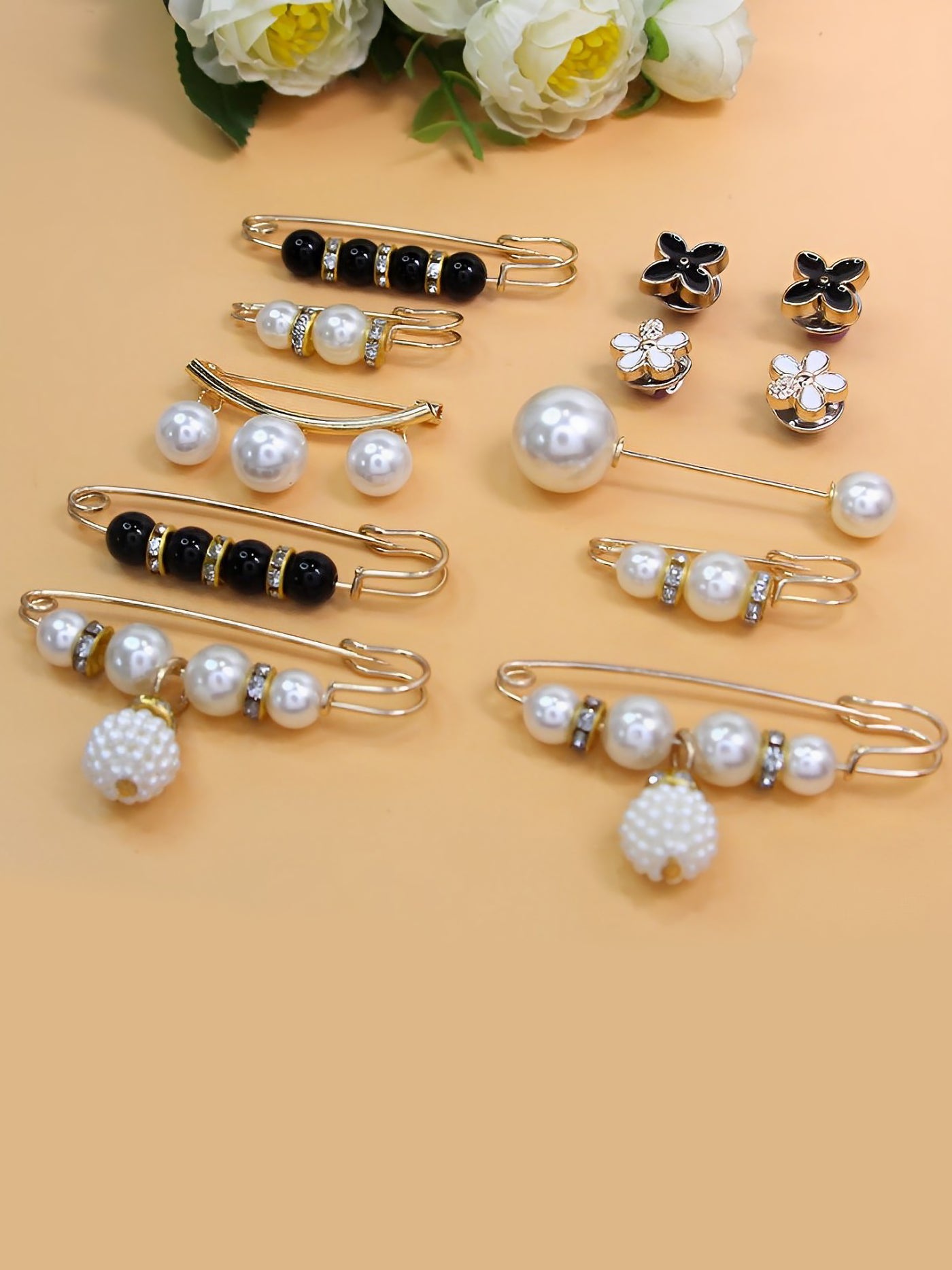 Allegra K 12 Pieces Faux Pearl Alloy Pins & Brooches Buckle Sets