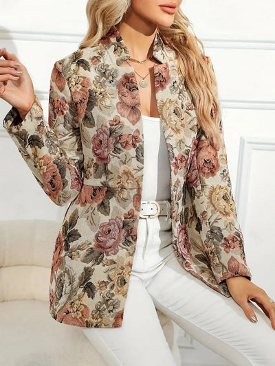 Floral Textured Open Front Long Sleeves Blazer