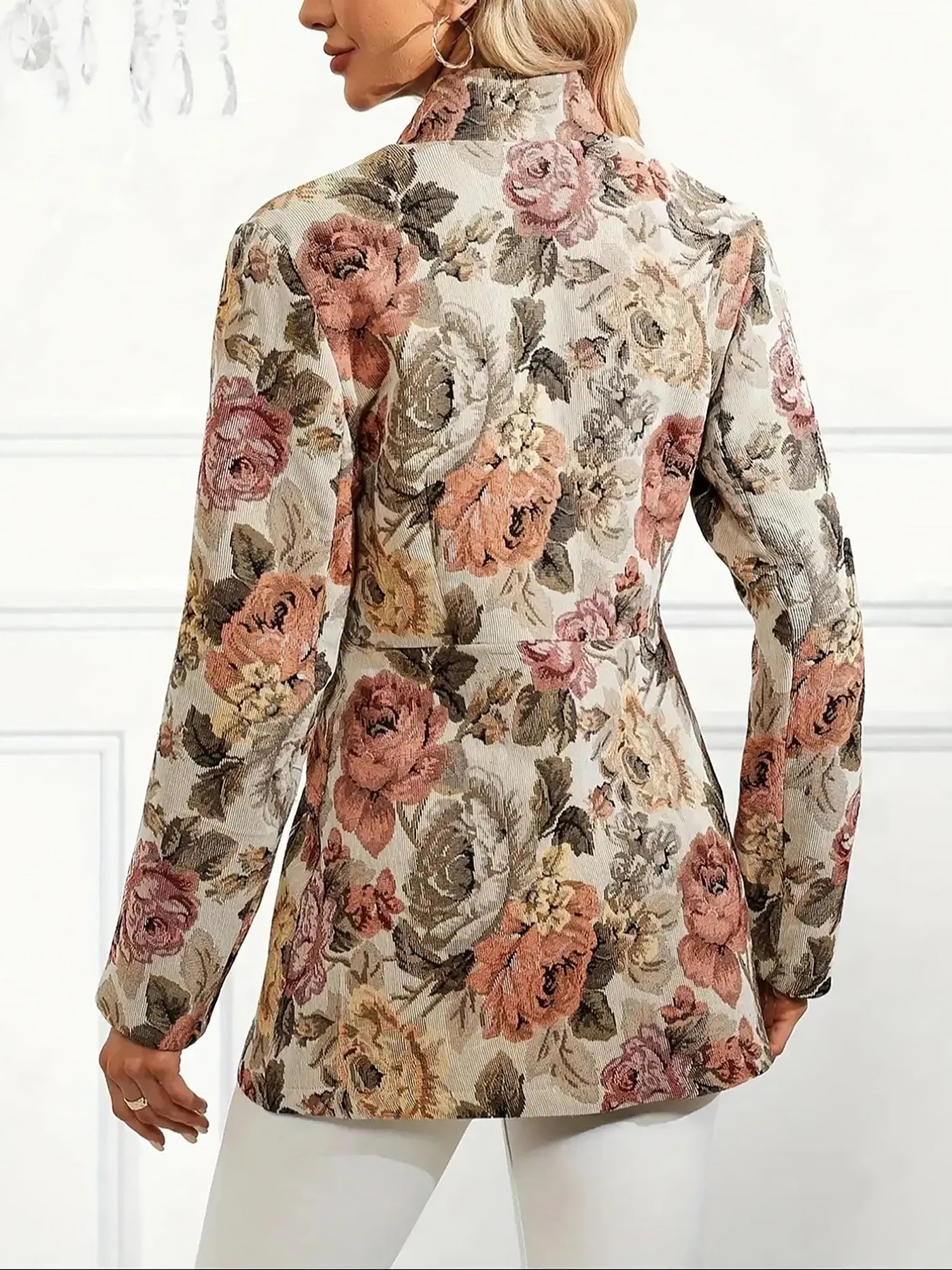 Allegra K Floral Textured Open Front Long Sleeves Blazer