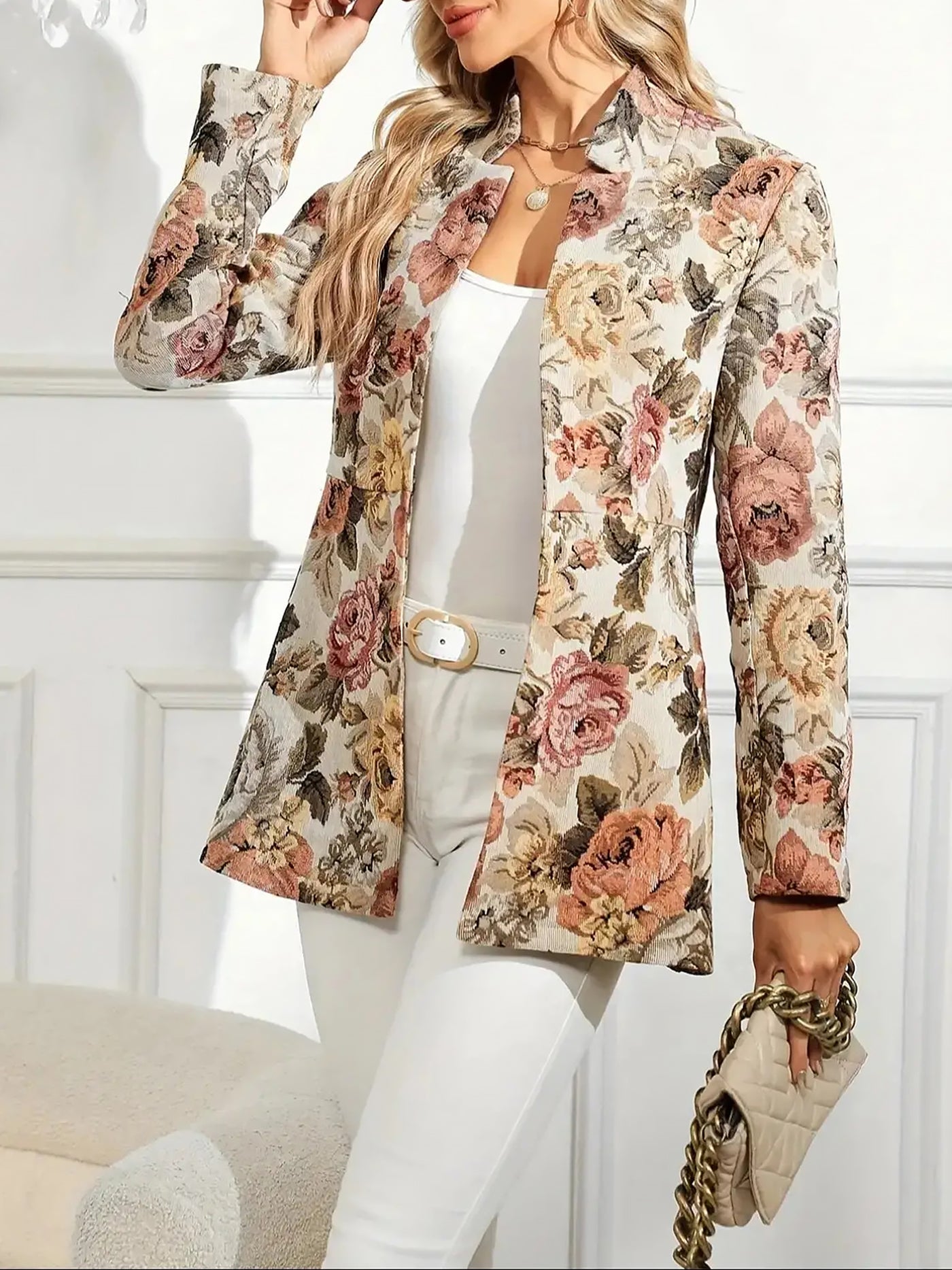 Allegra K Floral Textured Open Front Long Sleeves Blazer