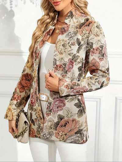 Floral Textured Open Front Long Sleeves Blazer