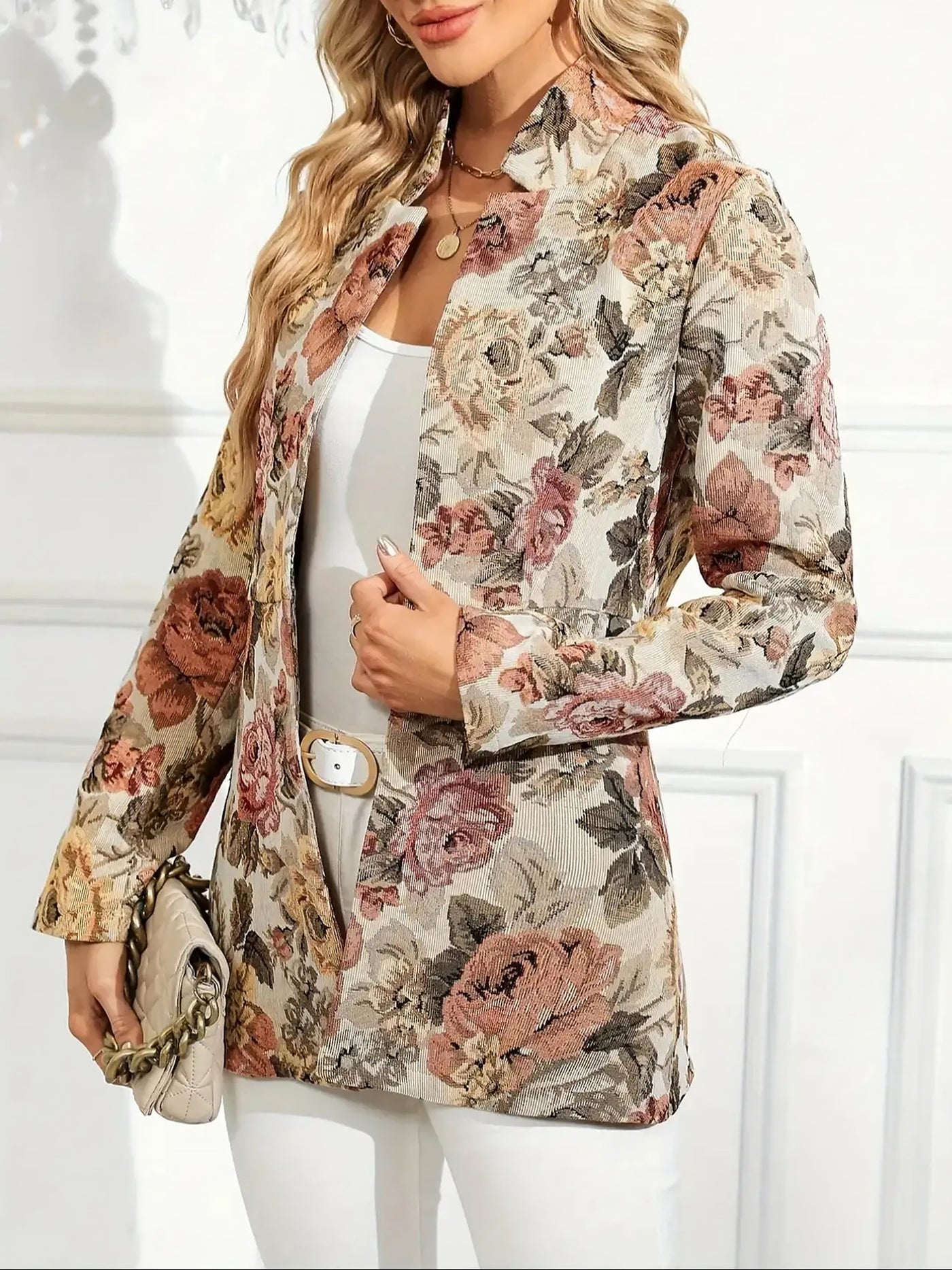 Allegra K Floral Textured Open Front Long Sleeves Blazer