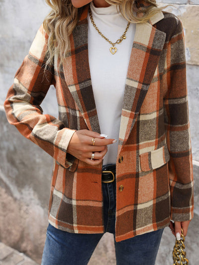 Notched Lapel Long Sleeves Plaid Brushed Blazer