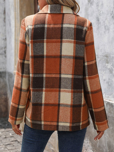 Notched Lapel Long Sleeves Plaid Brushed Blazer