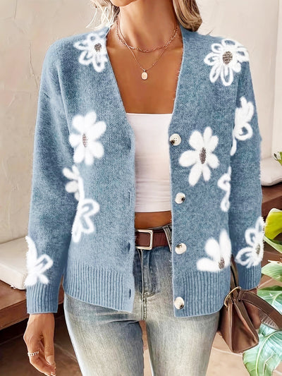 Floral Button Front Long Sleeves Knitted Cardigan