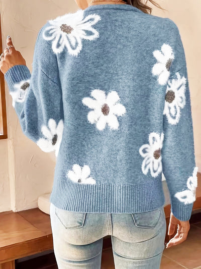 Floral Button Front Long Sleeves Knitted Cardigan