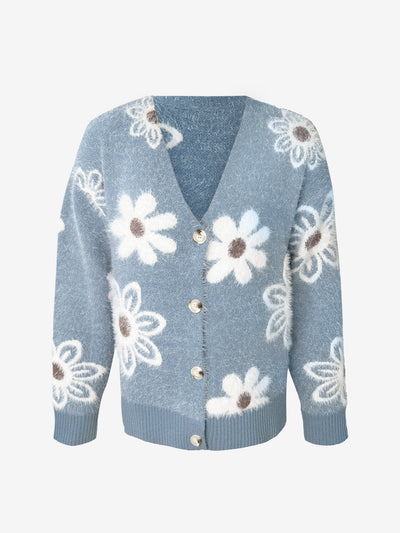 Floral Button Front Long Sleeves Knitted Cardigan