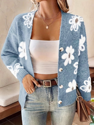 Floral Button Front Long Sleeves Knitted Cardigan