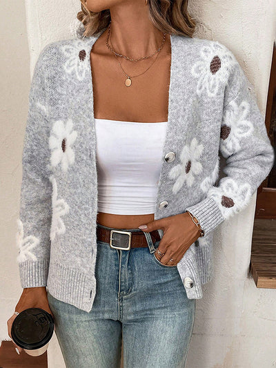 Floral Button Front Long Sleeves Knitted Cardigan