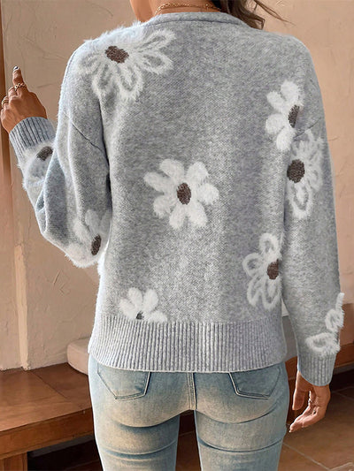 Floral Button Front Long Sleeves Knitted Cardigan