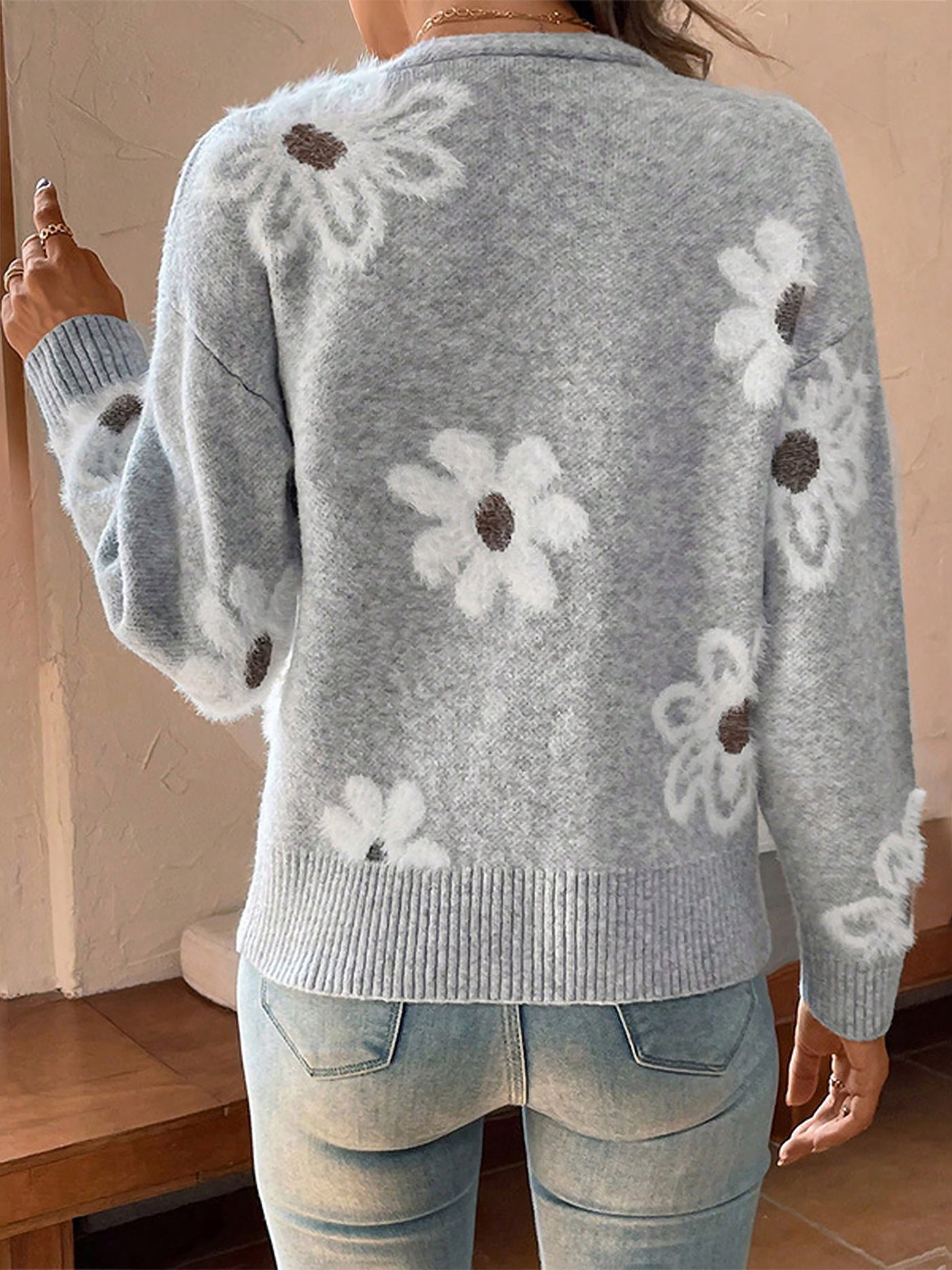 Allegra K Floral Button Front Long Sleeves Knitted Cardigan