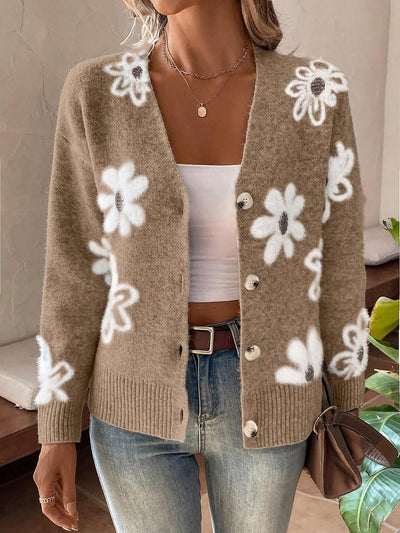 Floral Button Front Long Sleeves Knitted Cardigan