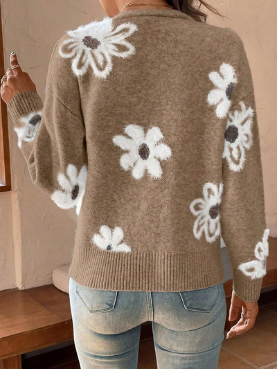 Floral Button Front Long Sleeves Knitted Cardigan