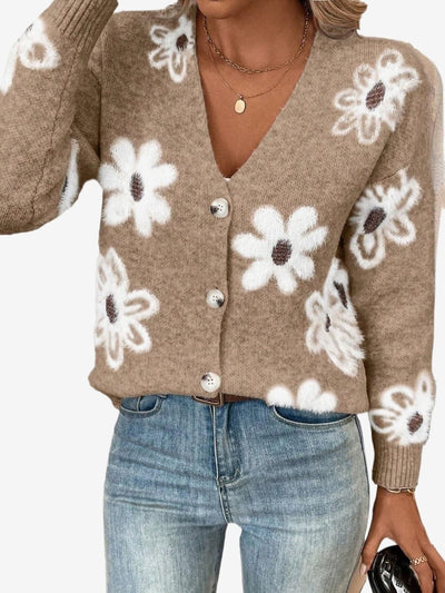 Floral Button Front Long Sleeves Knitted Cardigan