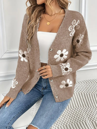 Floral Button Front Long Sleeves Knitted Cardigan