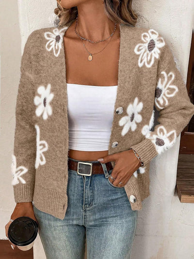 Floral Button Front Long Sleeves Knitted Cardigan