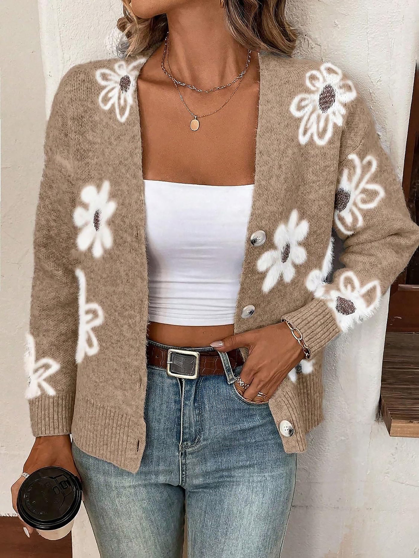 Allegra K Floral Button Front Long Sleeves Knitted Cardigan