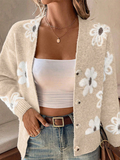 Floral Button Front Long Sleeves Knitted Cardigan