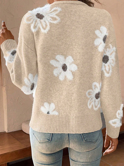 Floral Button Front Long Sleeves Knitted Cardigan