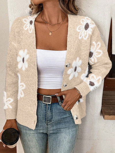 Allegra K Floral Button Front Long Sleeves Knitted Cardigan