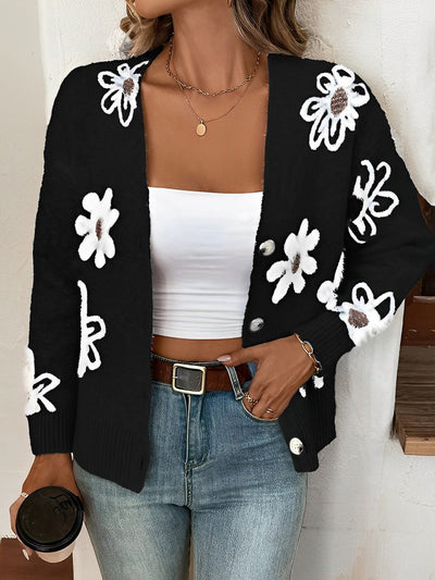 Floral Button Front Long Sleeves Knitted Cardigan