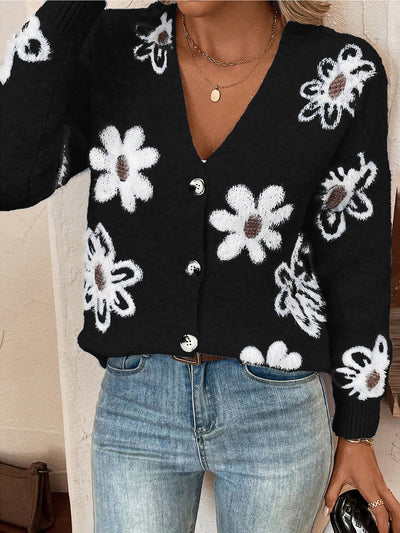 Floral Button Front Long Sleeves Knitted Cardigan