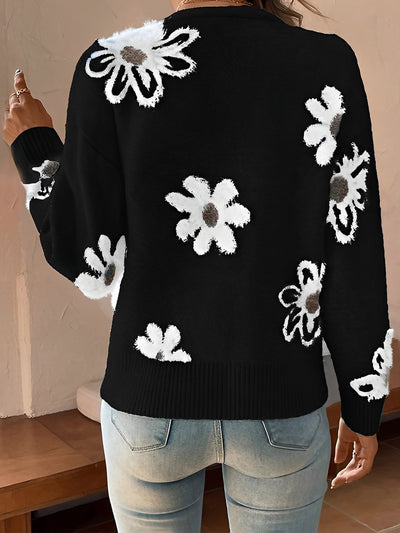 Floral Button Front Long Sleeves Knitted Cardigan