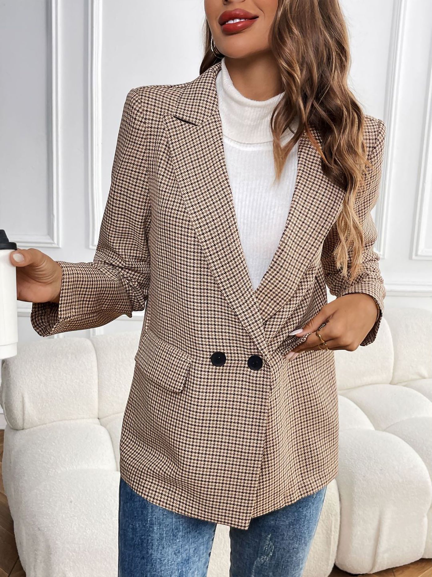 Allegra K Notched Lapel Double Breasted Long Sleeves Blazer