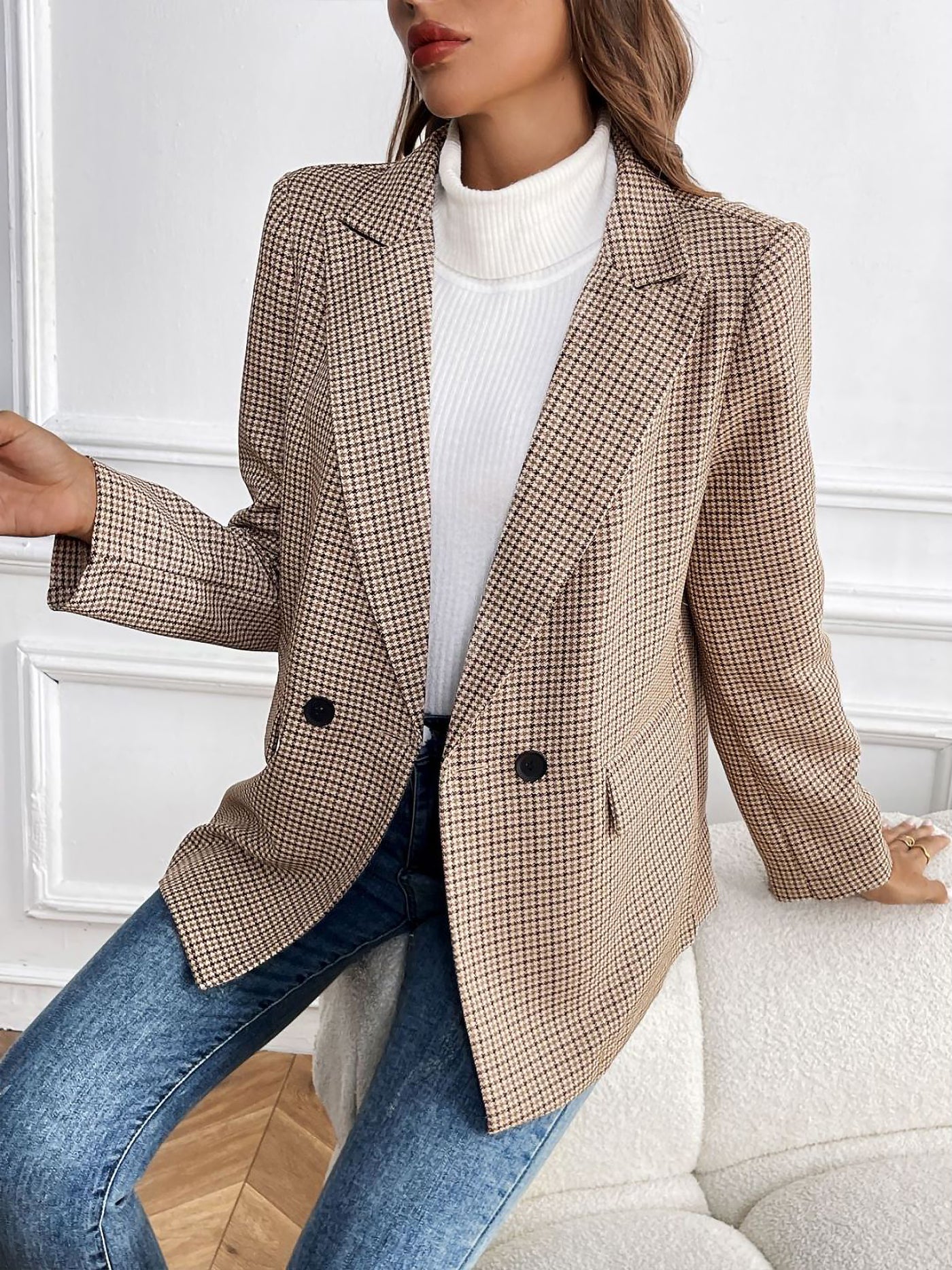 Allegra K Notched Lapel Double Breasted Long Sleeves Blazer