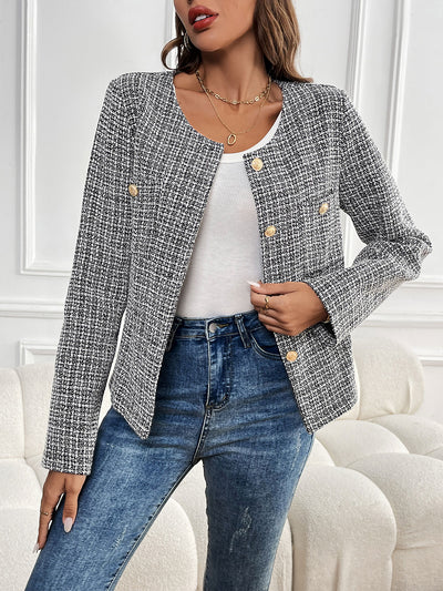 Tweed Plaid Collarless Long Sleeves Buttoned Jacket