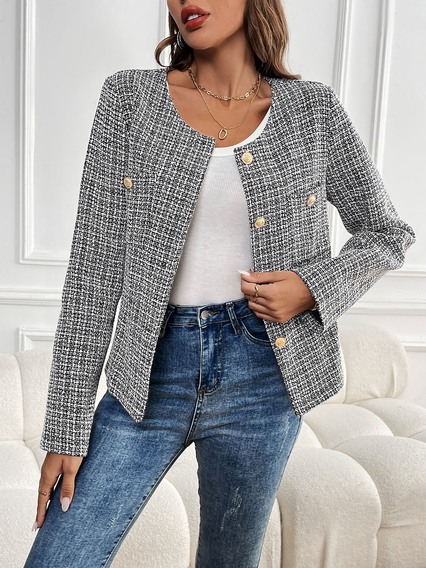 Allegra K Tweed Plaid Collarless Long Sleeves Buttoned Jacket