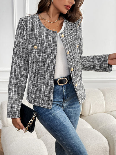 Tweed Plaid Collarless Long Sleeves Buttoned Jacket