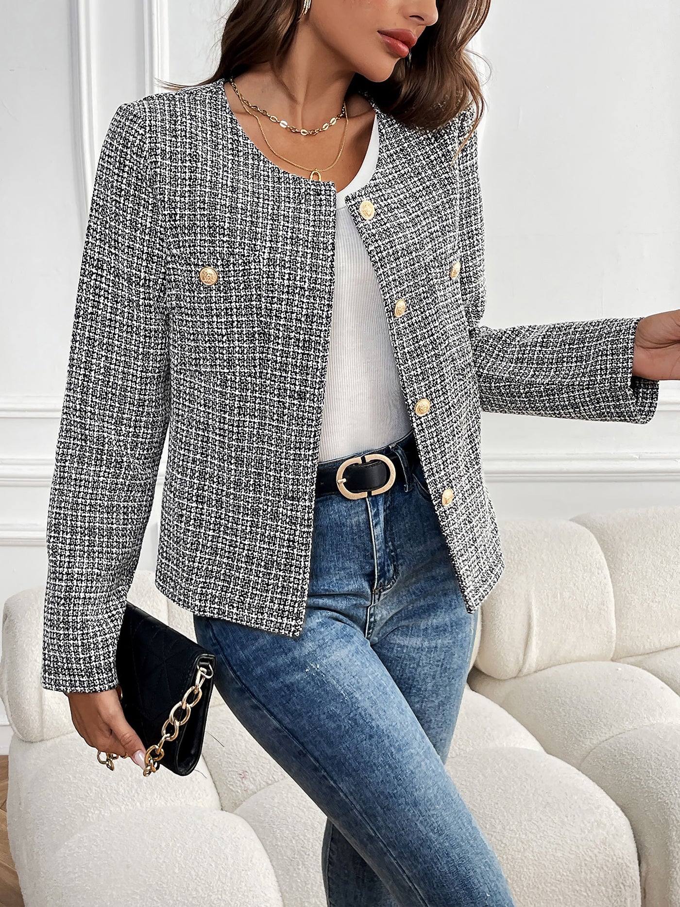 Allegra K Tweed Plaid Collarless Long Sleeves Buttoned Jacket