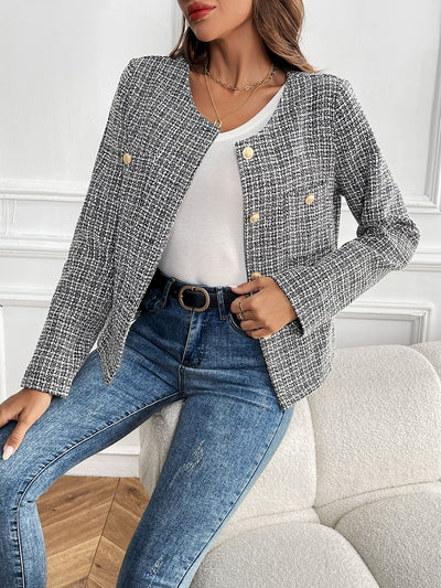 Tweed Plaid Collarless Long Sleeves Buttoned Jacket