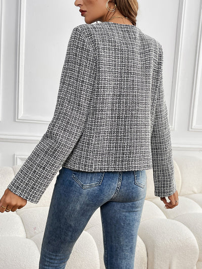 Tweed Plaid Collarless Long Sleeves Buttoned Jacket