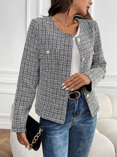 Tweed Plaid Collarless Long Sleeves Buttoned Jacket