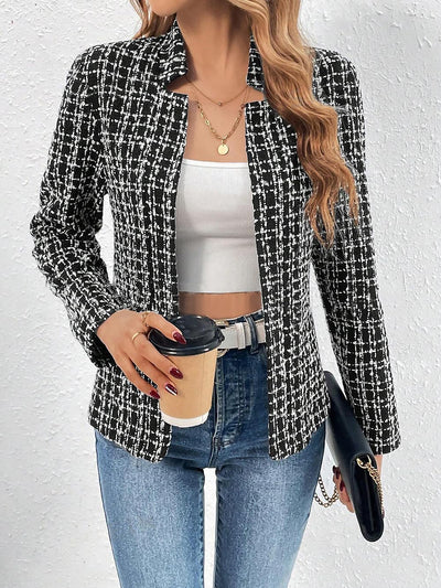 Tweed Plaid Long Sleeves Open Front Jacket