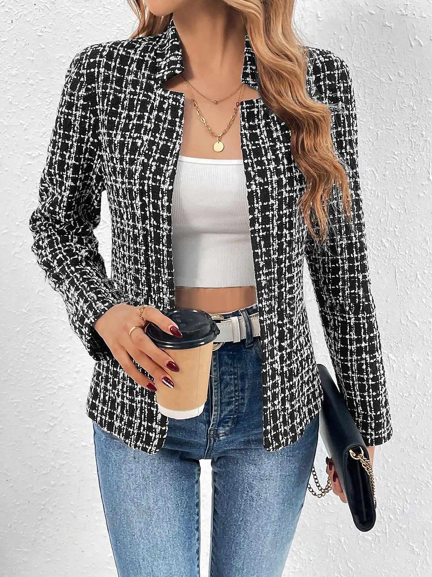 Allegra K Tweed Plaid Long Sleeves Open Front Jacket