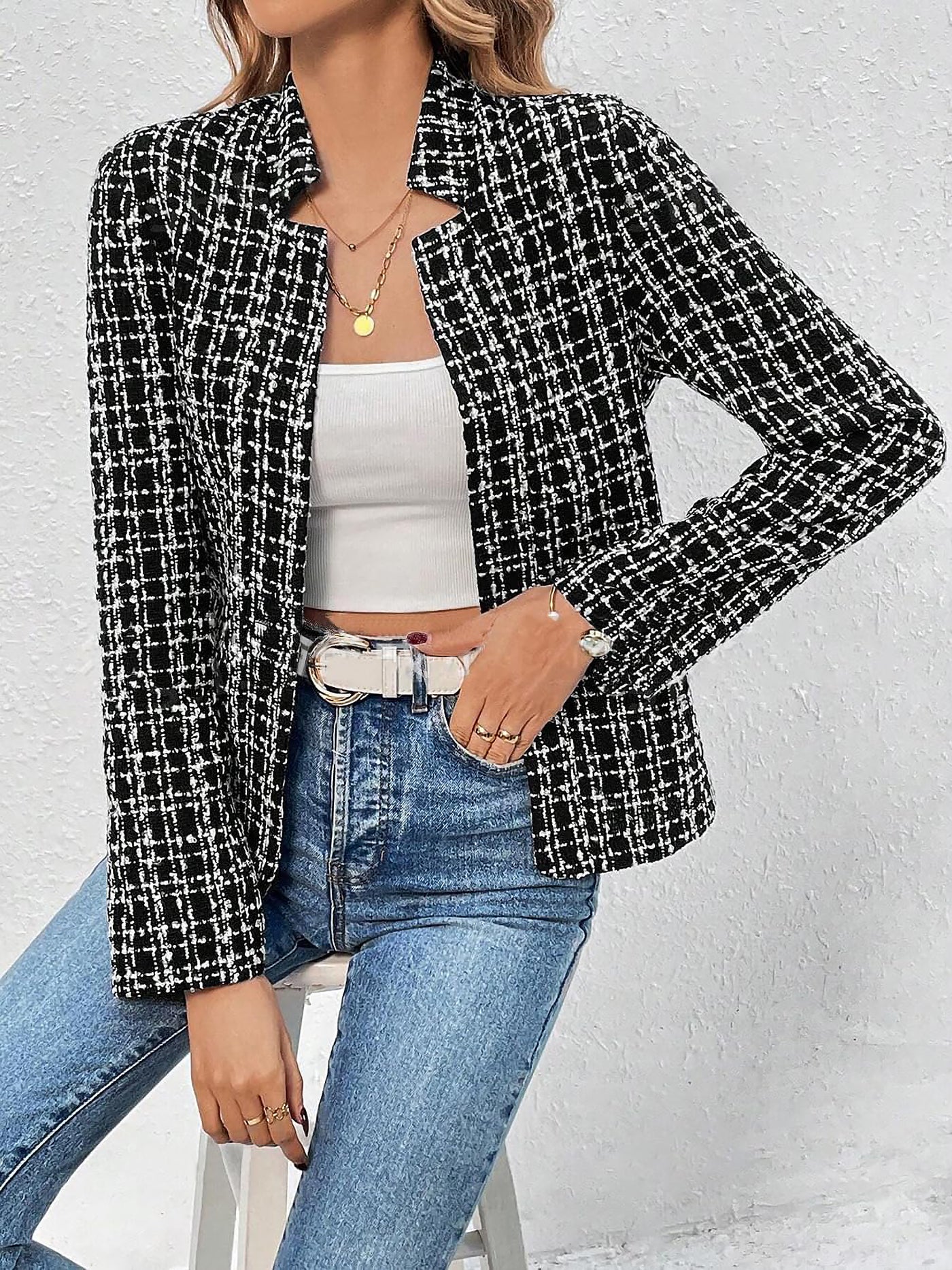 Allegra K Tweed Plaid Long Sleeves Open Front Jacket