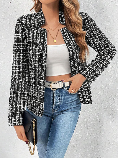 Tweed Plaid Long Sleeves Open Front Jacket