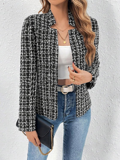 Tweed Plaid Long Sleeves Open Front Jacket