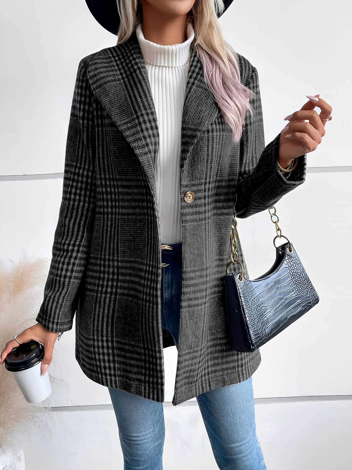 Allegra K Lapel Plaid One Button Long Sleeves Coat