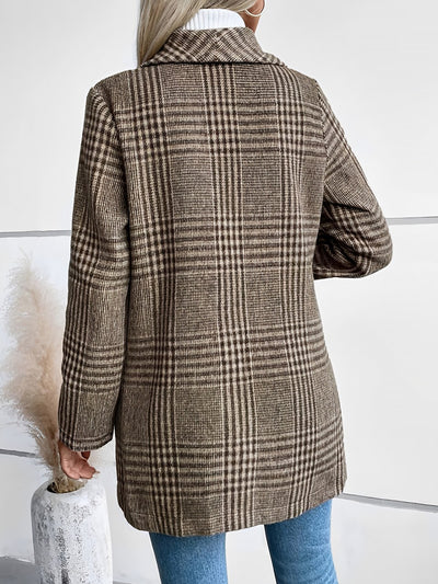 Lapel Plaid One Button Long Sleeves Coat