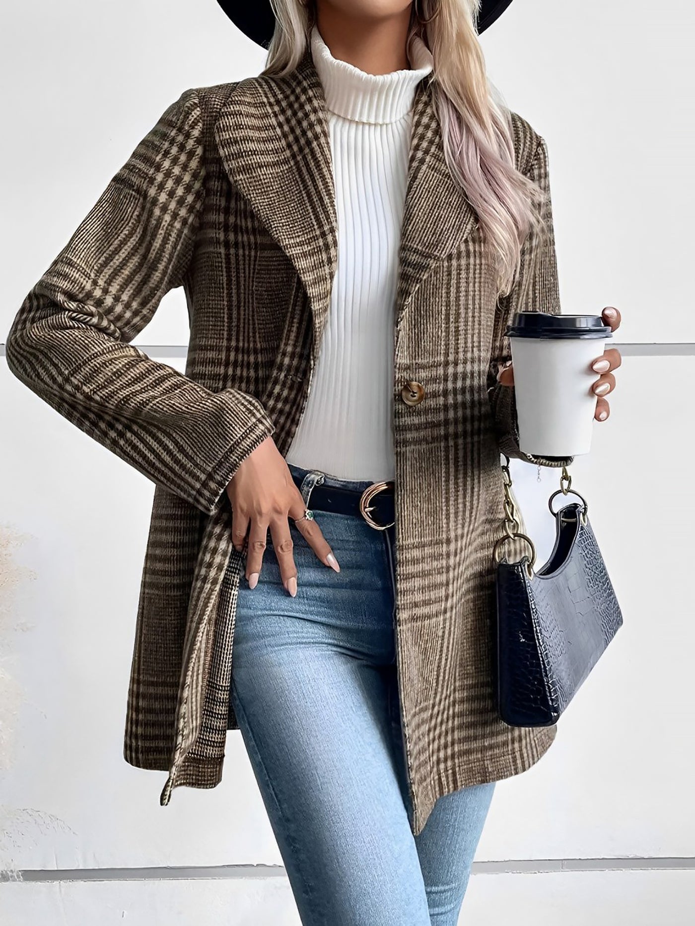 Allegra K Lapel Plaid One Button Long Sleeves Coat