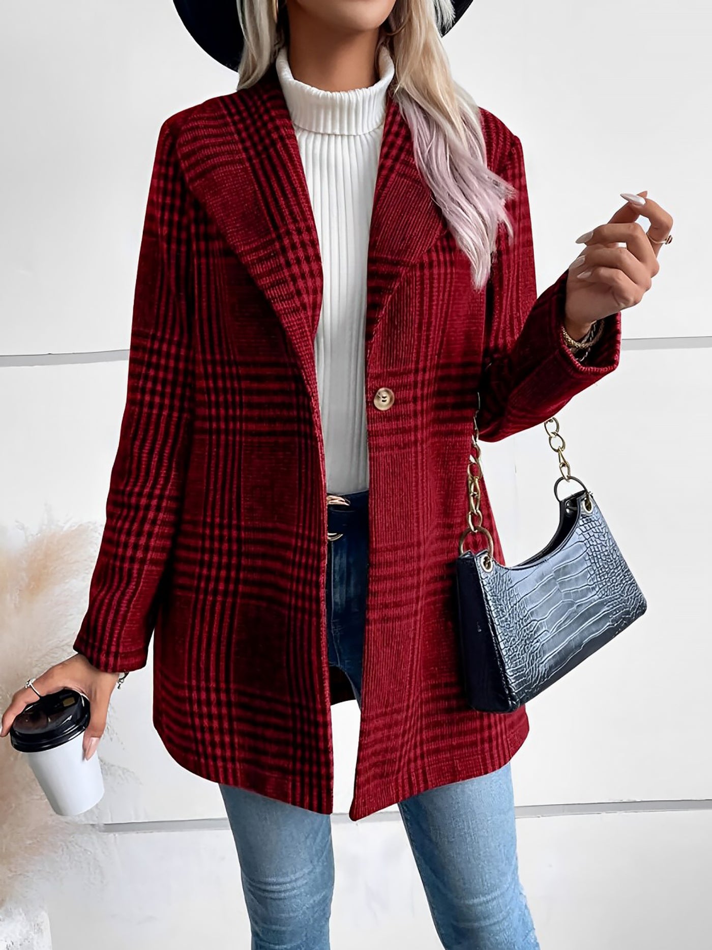 Allegra K Lapel Plaid One Button Long Sleeves Coat