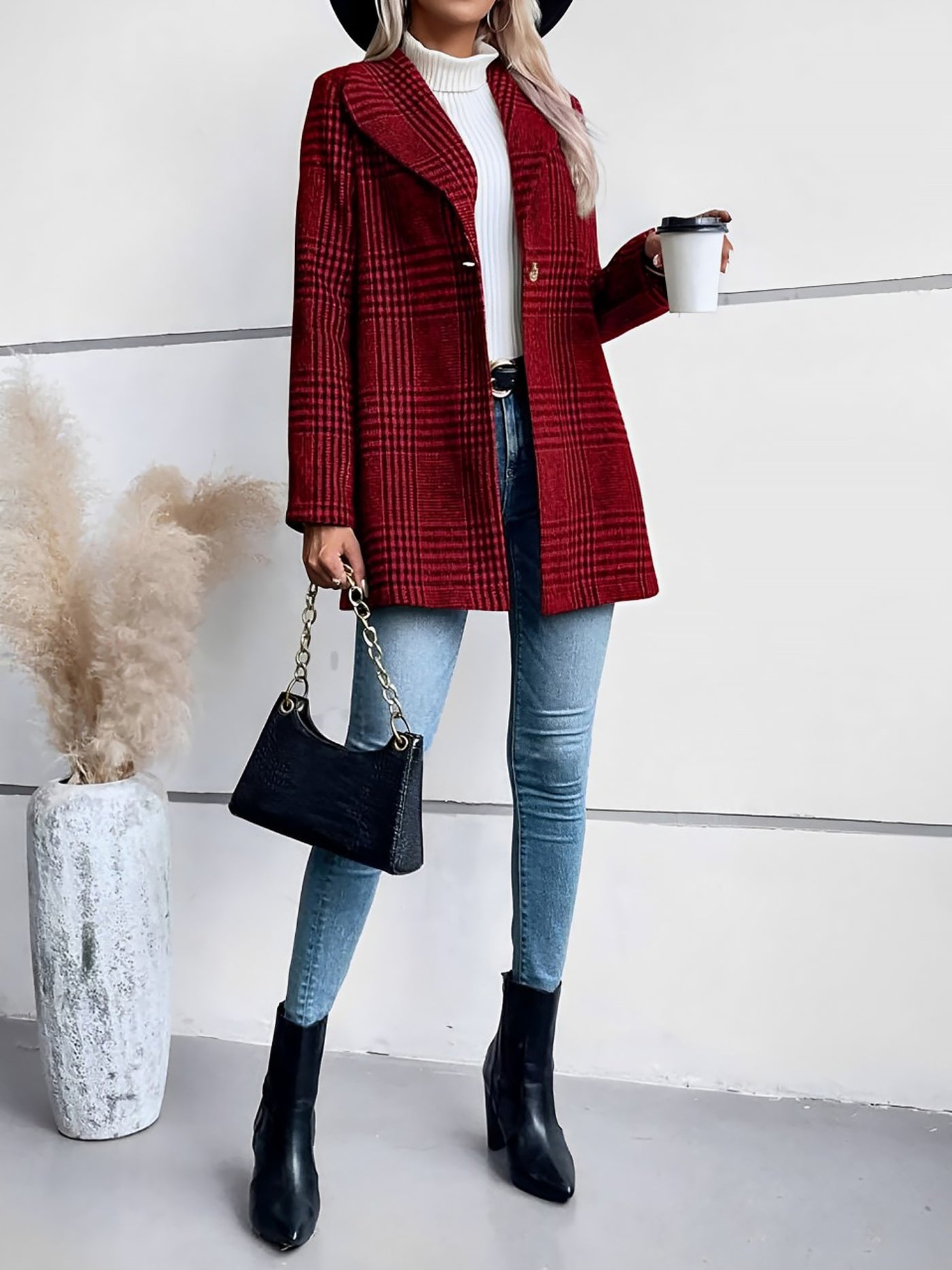 Allegra K Lapel Plaid One Button Long Sleeves Coat